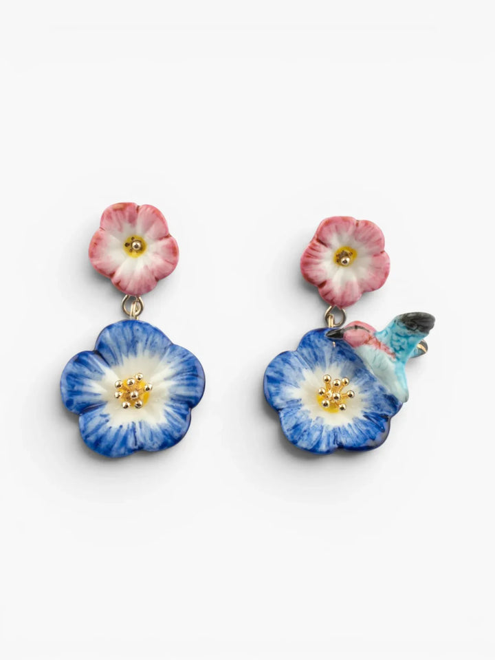 Pink and Blue Hibiscus and Hummingbird Pendant Earrings