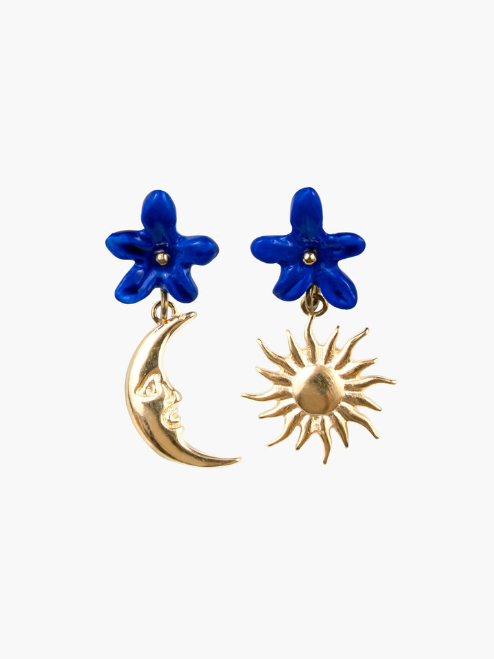 Blue  Hibisus With Sun and Moon Stud Earrings