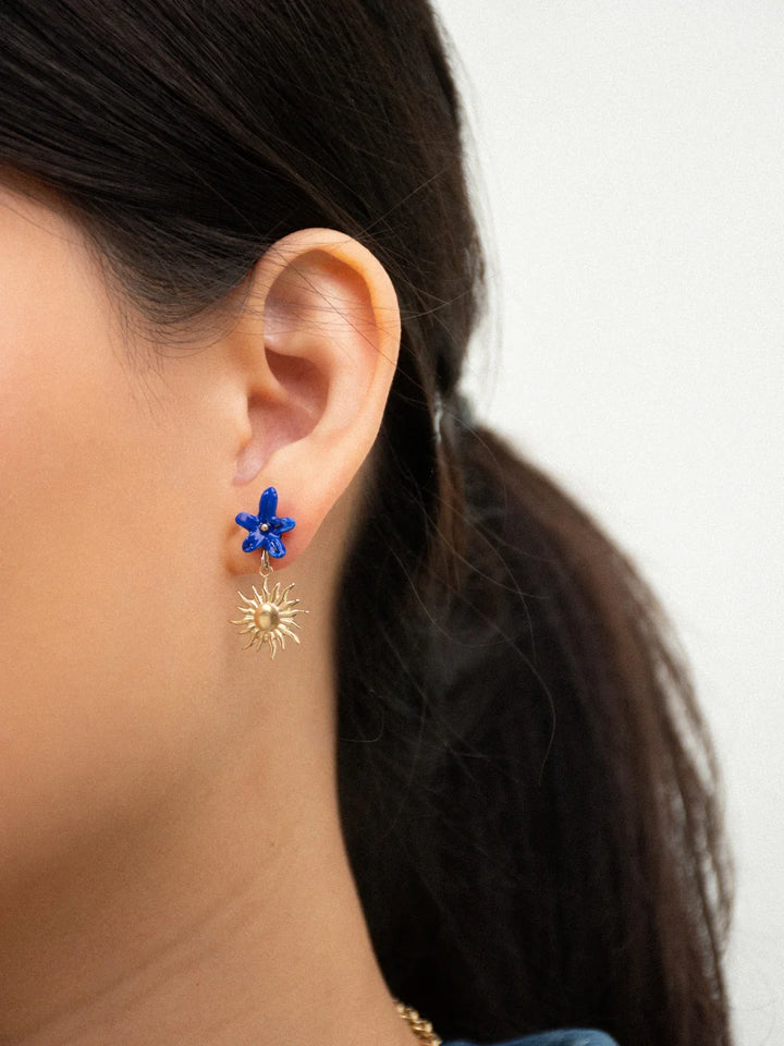 Blue  Hibisus With Sun and Moon Stud Earrings