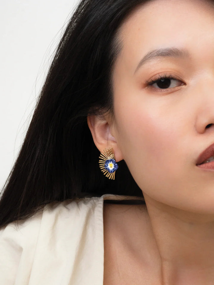 Blue Hibisus With Branches Stud Earrings