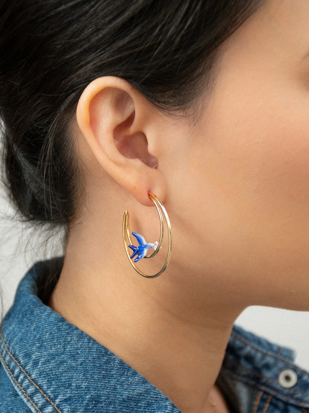 Blue Swallow and Flower Moon Hoop Earrings