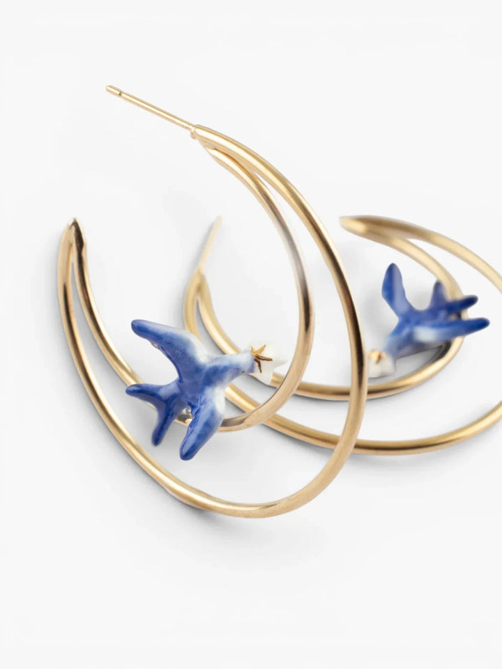 Blue Swallow and Flower Moon Hoop Earrings