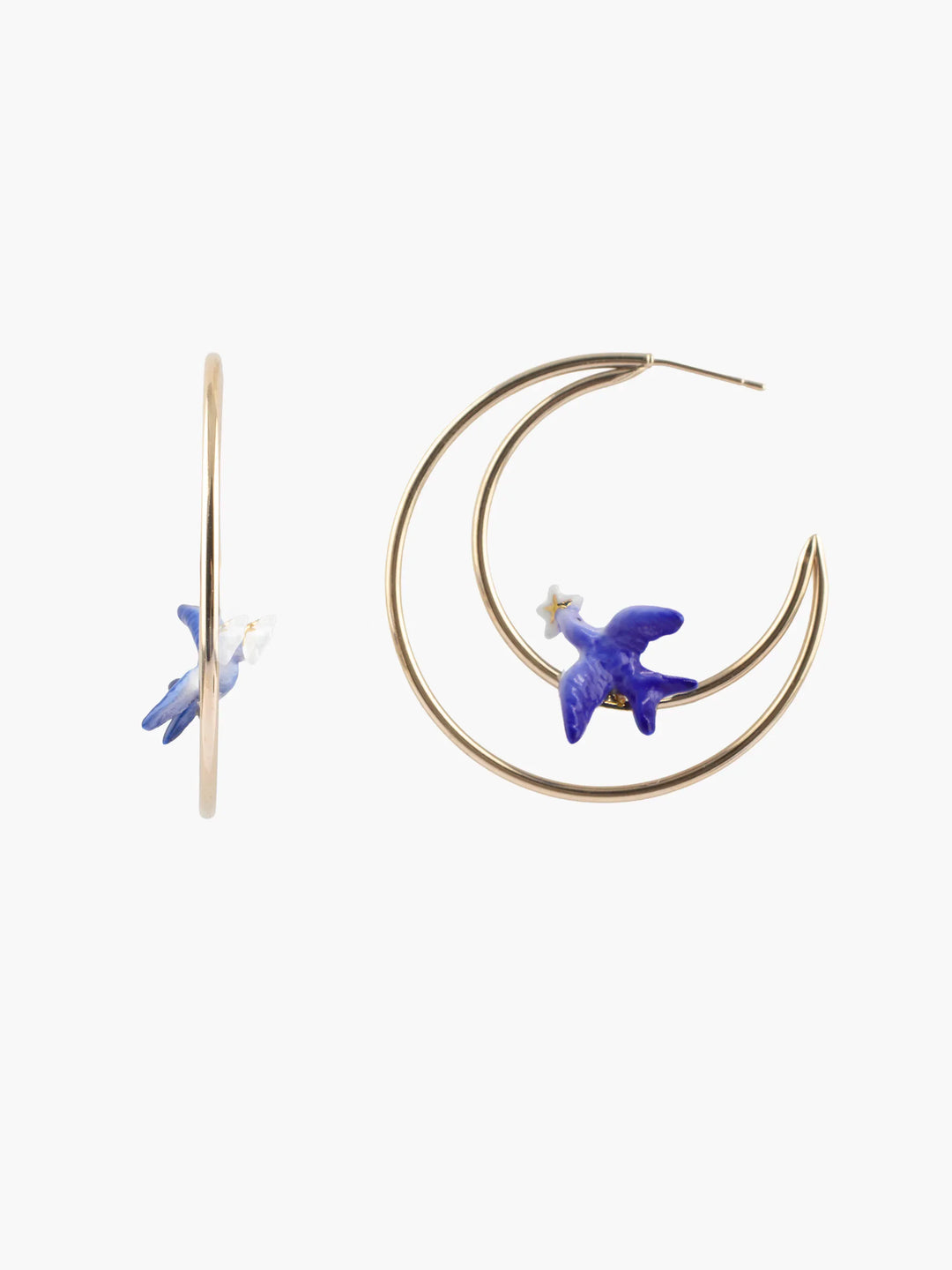 Blue Swallow and Flower Moon Hoop Earrings