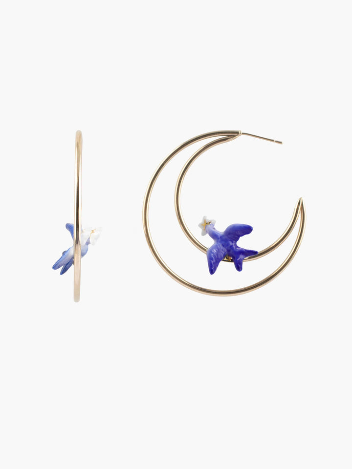 Blue Swallow and Flower Moon Hoop Earrings
