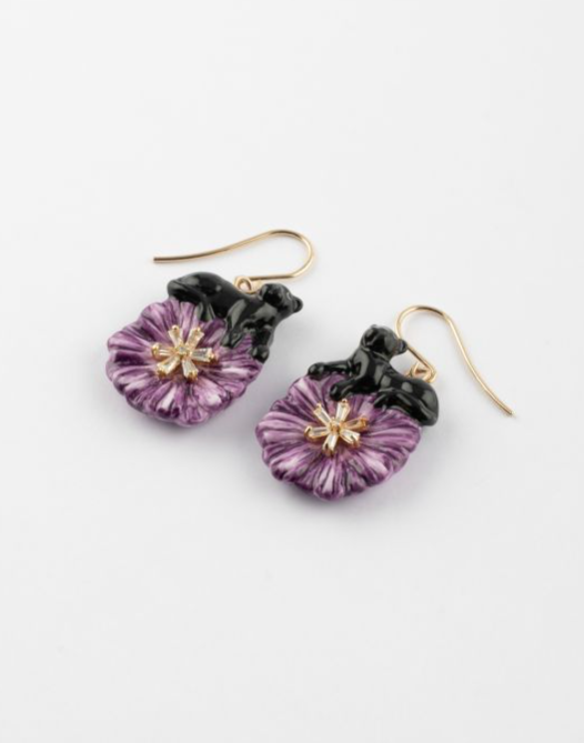 Earrings Black Panther On Purple Aster Flower Pendant
