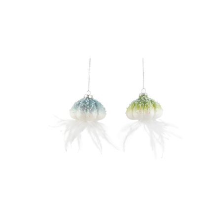 2 Asst'd glass jelly fish ornaments, white with blue & green highlights, beads and feather trailers, 3 i