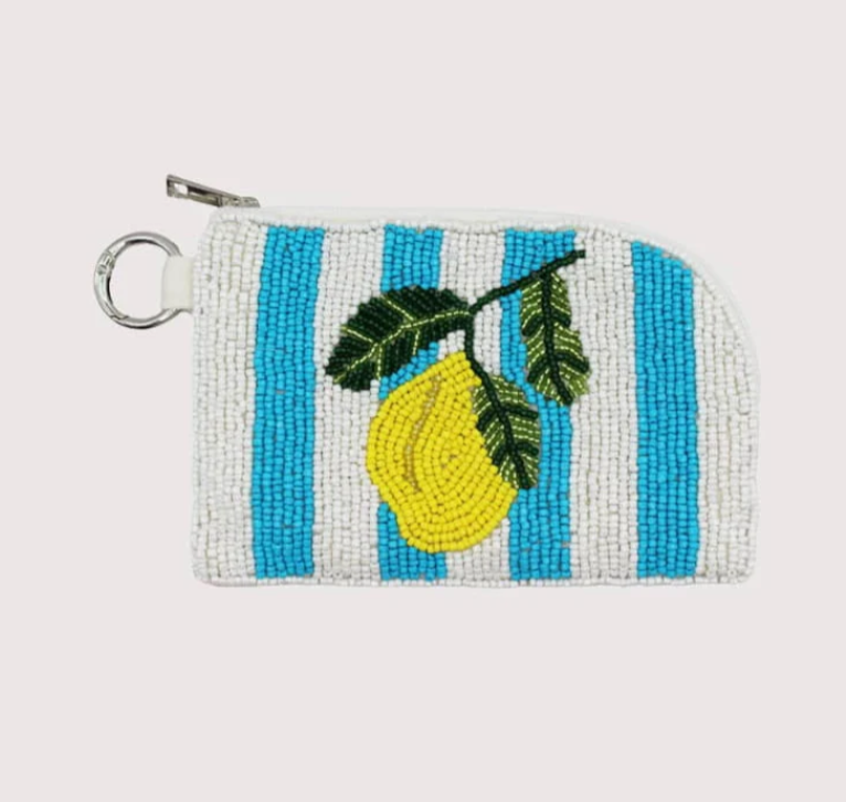 Lemon Turq Stripe Beaded Keychain Pouch