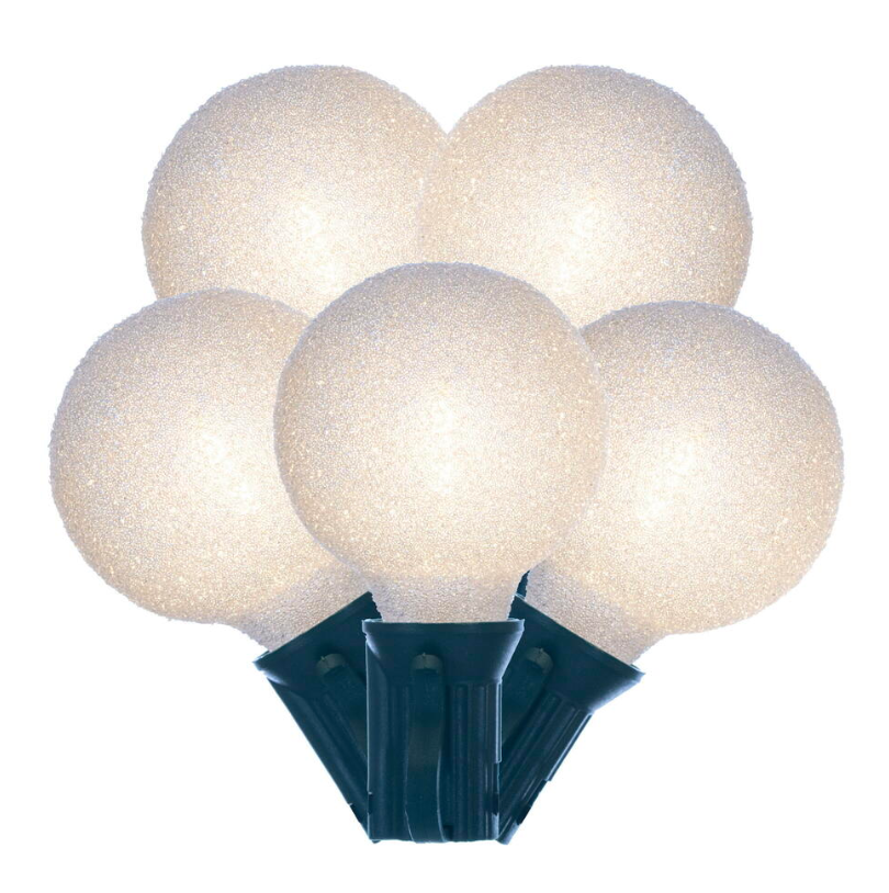 Vickerman 12 Lights x 12' Warm White LED Iced G40 light set. 12" spacing on green wire