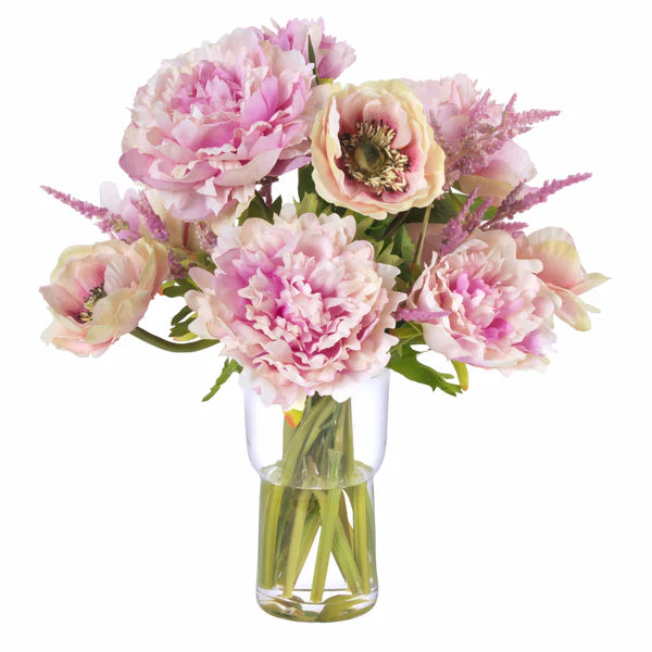 Floral Pink Anemones And Peonies In Glass Vase