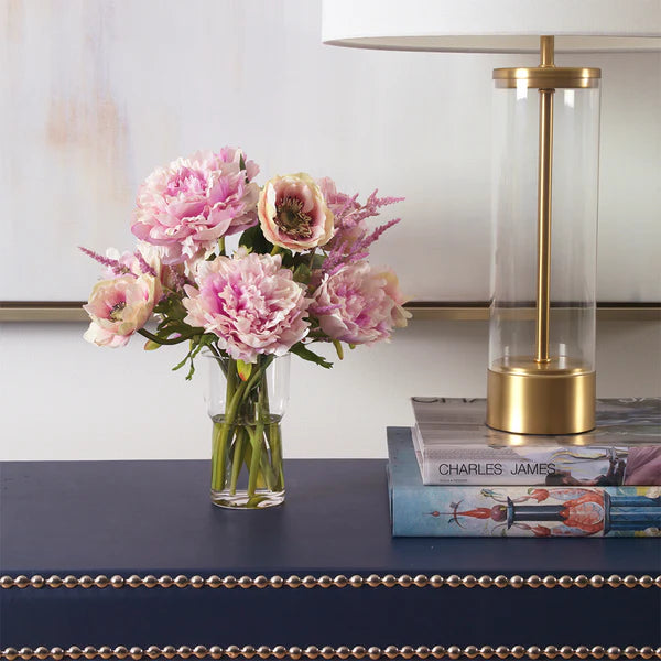 Floral Pink Anemones And Peonies In Glass Vase