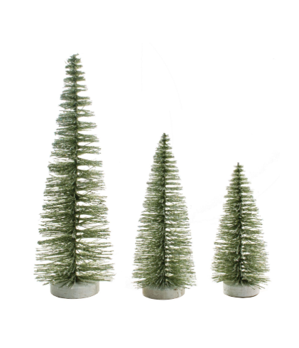 Set of 3 moss green bristle trees, iridescent glitter on wood base, 8+10+14'' SET