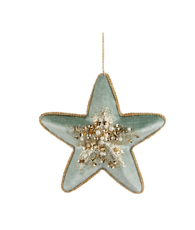 Velvet star ornament with gold beaded center accents, 4''