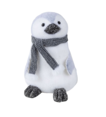 Grey and white flock penguin table piece with grey scarf, 6.5''