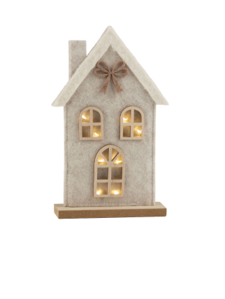 Felt Christmas house table piece in grey with white roof and brown bow, LED, 8.5 in 6