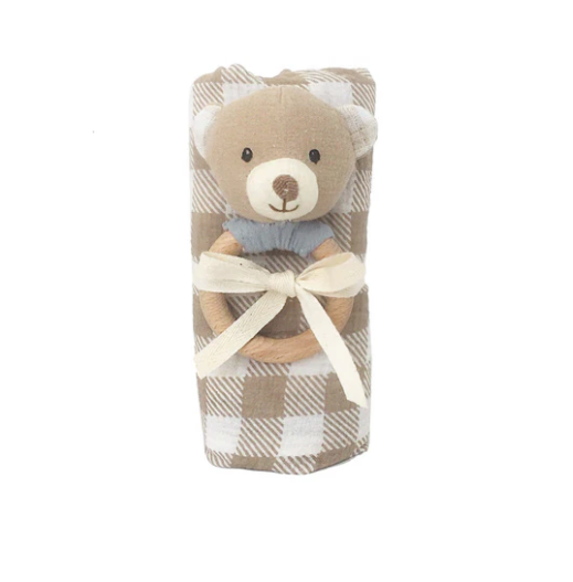 Gingham Muslin and Bear Wood Rattle Gift Set