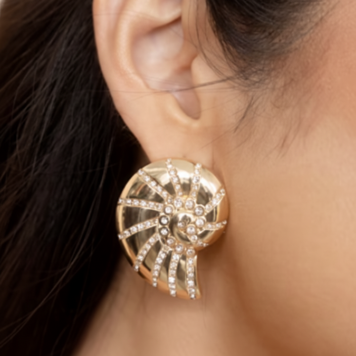 Crystal Studded Nautilus Shell 18K Earrings