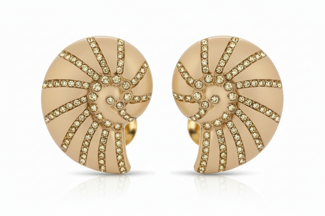 Crystal Studded Nautilus Shell 18K Earrings