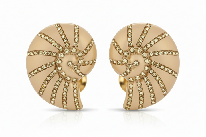 Crystal Studded Nautilus Shell 18K Earrings