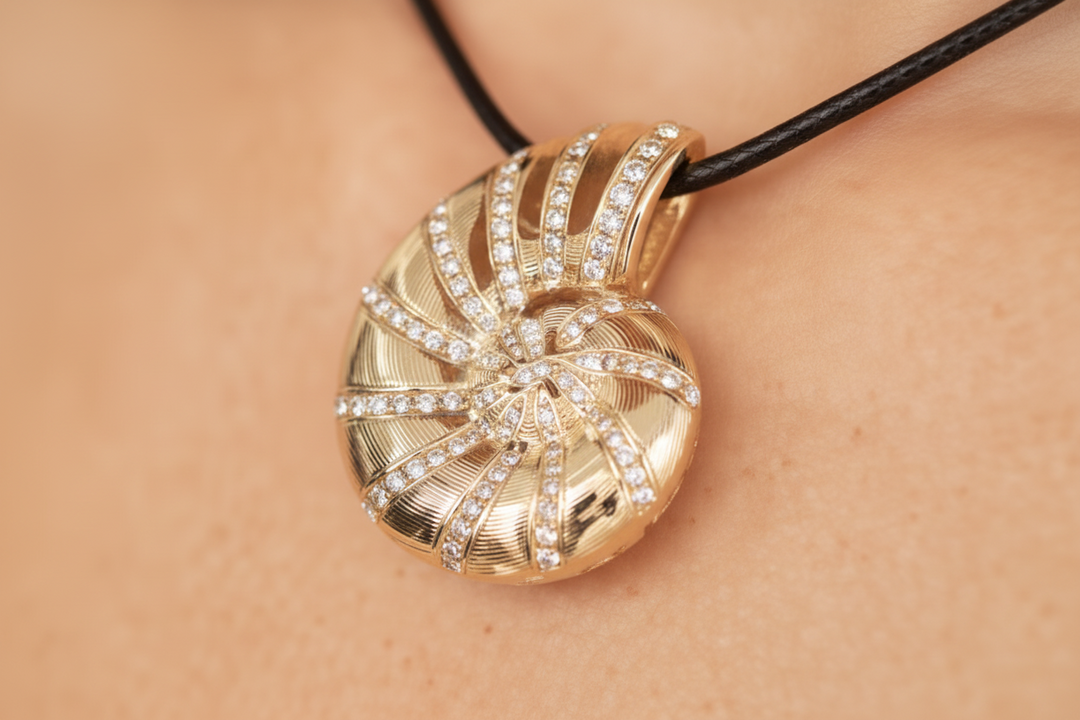 A person wearing an 18k gold plated nautilus shell pendant on a black cord necklace.