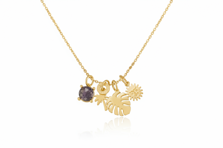 An 18kt gold plated charm necklace with interchangeable charms, featuring a sun and a palm leaf design.