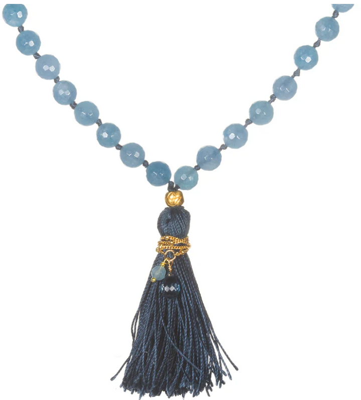 Angelite Gold Lotus Tassel Mala Necklace