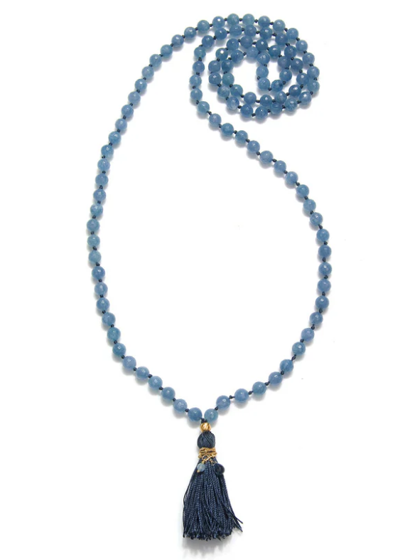 Angelite Gold Lotus Tassel Mala Necklace