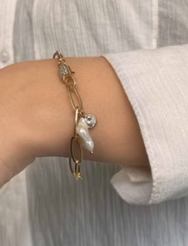 Pearl Charm Chain Link 18K Bracelet