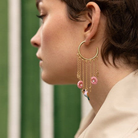 Earrings Thistle Flowers And Birds With Fringes Hoop