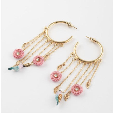 Earrings Thistle Flowers And Birds With Fringes Hoop
