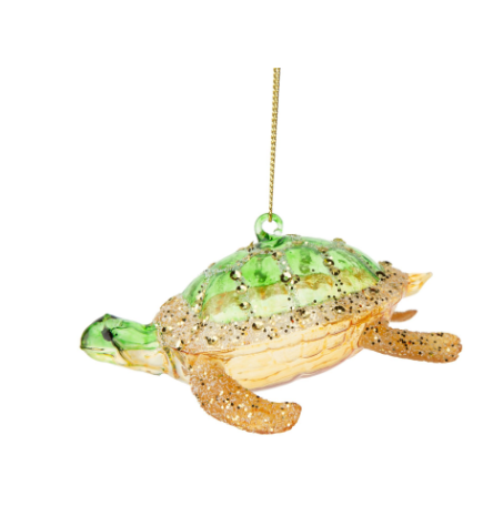 Blown glass turtle ornament, translucent green and gold with glitter accents,4''