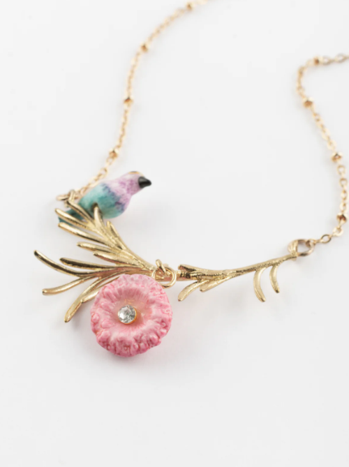 Pink | Blue Bird On Branch With Thistle Flower Necklace