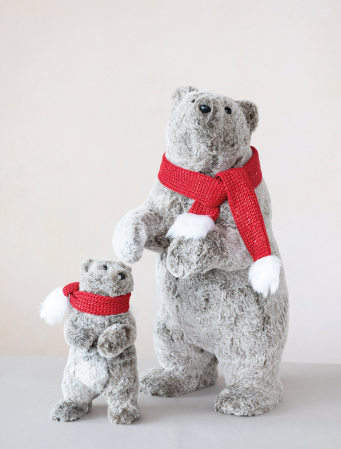 Faux Fur Standing Bear with Scarf, Grey, Red and White
