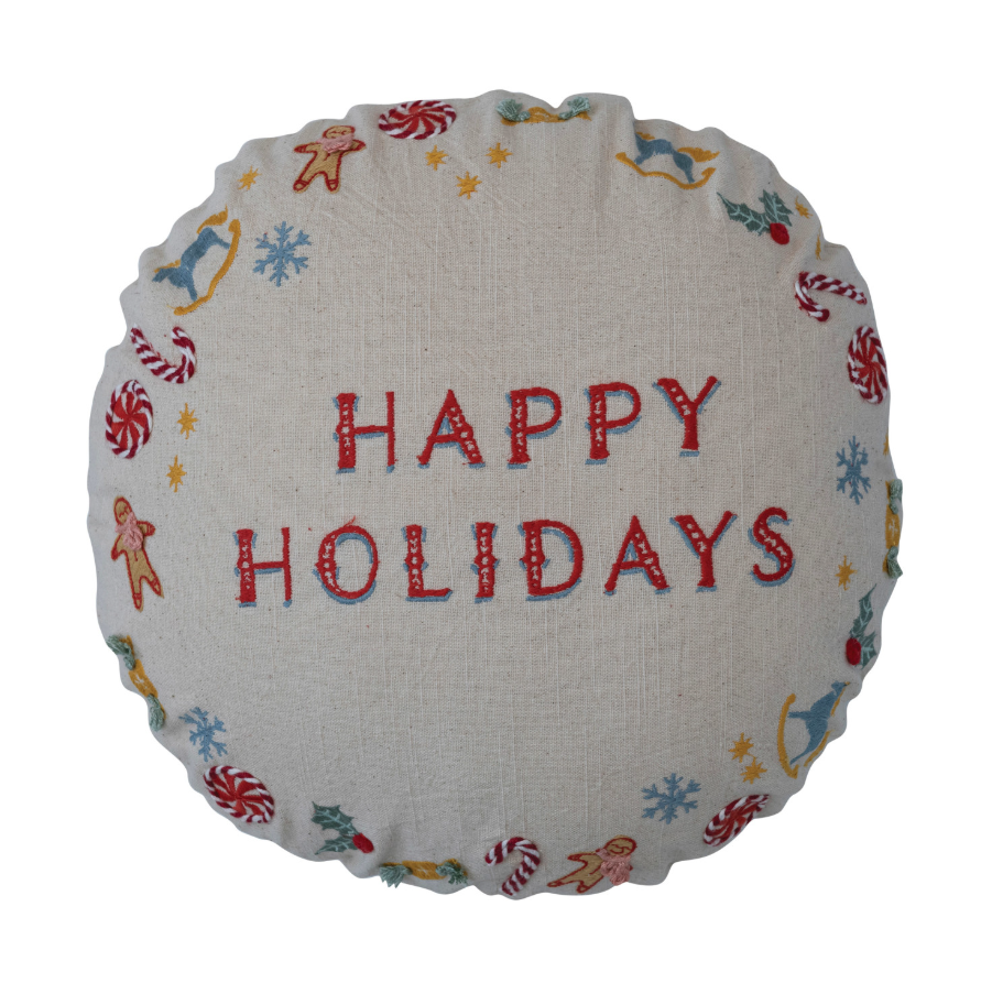 Round Cotton Slub Printed Pillow with Embroidery | “Happy Holidays”