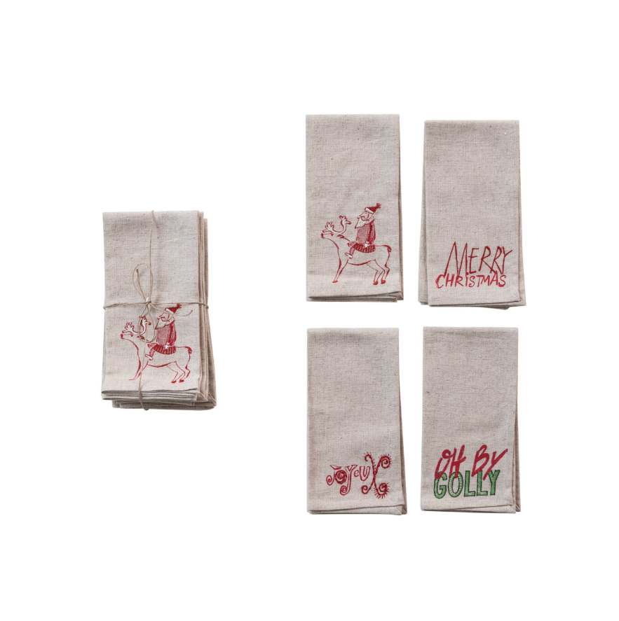 Cotton Printed Napkins with Embroidered Christmas Saying S/4
