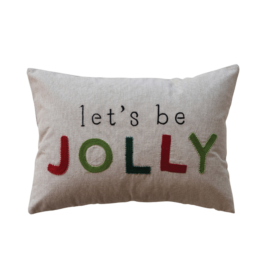 Cotton Chambray Lumbar Pillow with Embroidery & Beads | “Let’s Be Jolly”