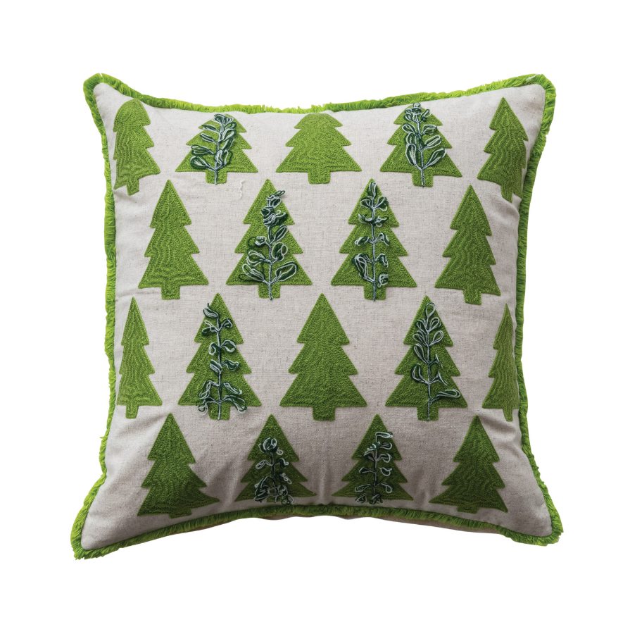 Embroidered Trees Pattern & Eyelash Fringe Square Pillow