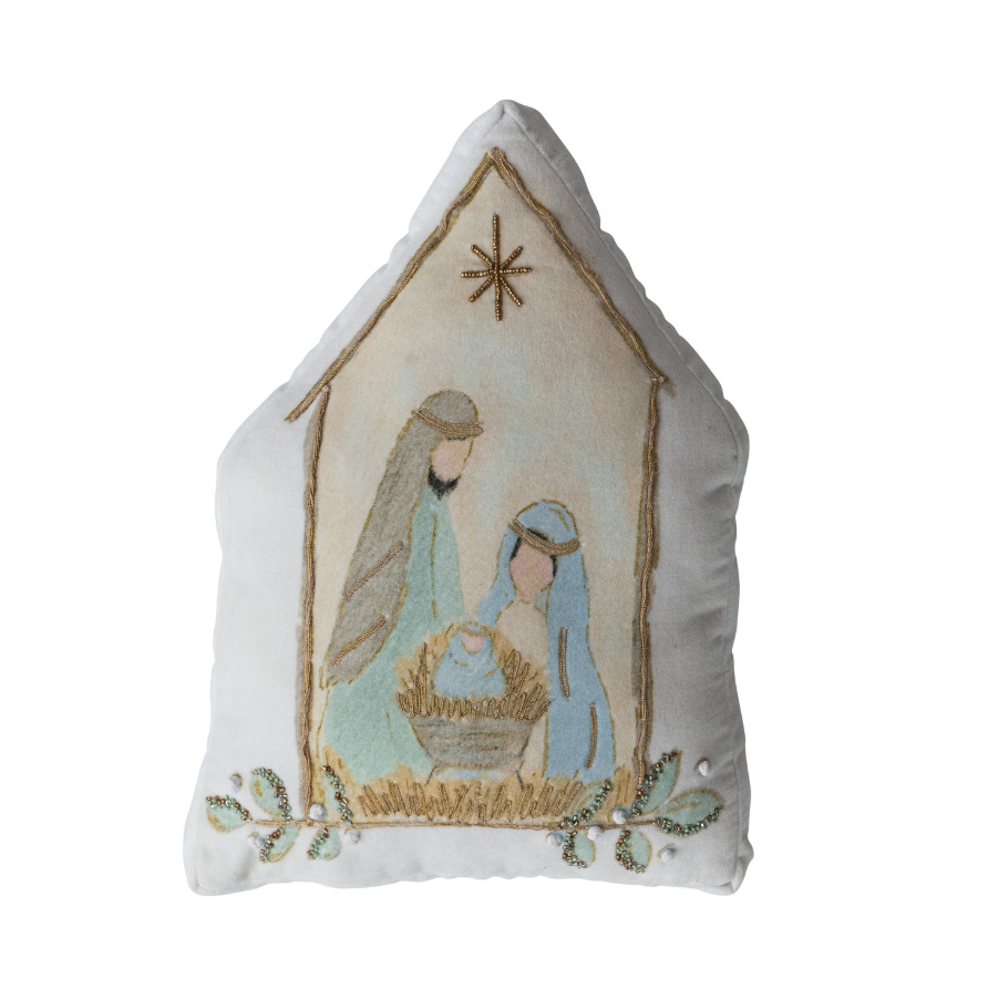 Hand-Embroidered Velvet Pillow with Holy Family, French Knots & Beads