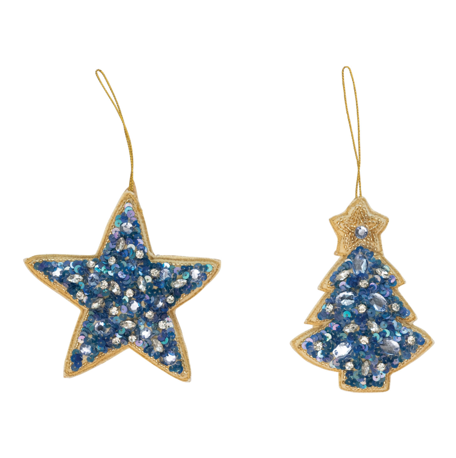 Handmade Beaded Velvet Star & Tree Ornaments with Sequins | 2 Styles