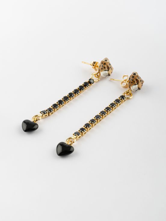 Leopard Head And Black Heart Strass Pendant Earrings