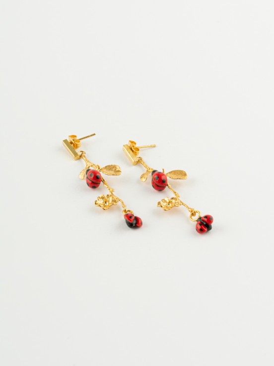 Leafy Branch With Ladybugs Earrings