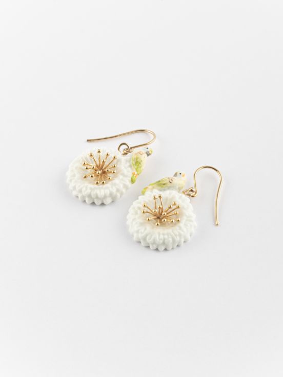 White Dandelion With Budgerigar Earrings
