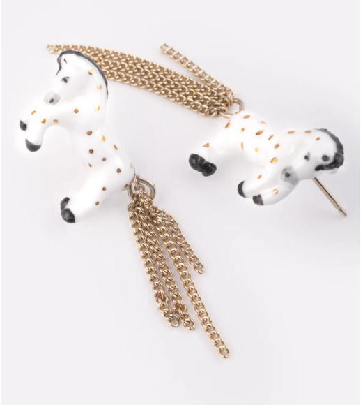 White horse ear studs with chains