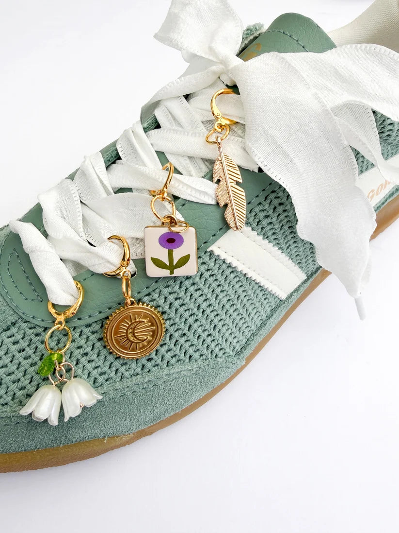 Shoe Lace & Charm Set - White -Flower Moon Vintage Tile & Feather