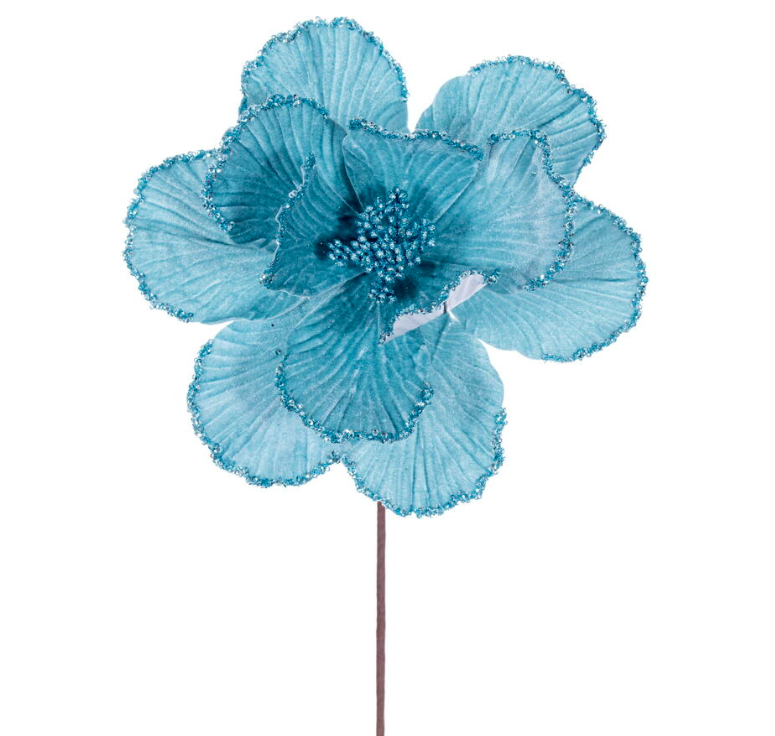 Baby Blue Velvet Bead Trim Magnolia Stem Set of 3