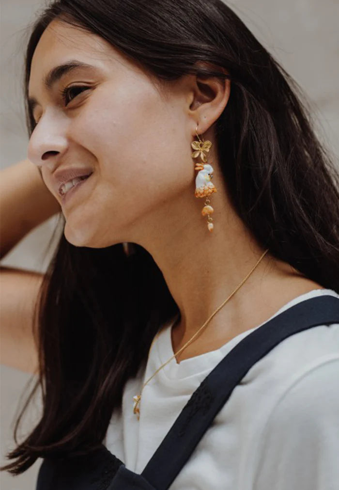 Flowers And Cockatoo Earrings