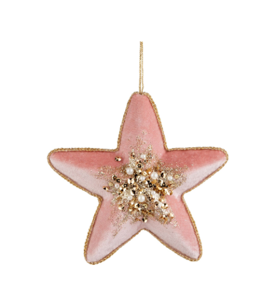 Velvet star ornament with gold beaded center accents, 4''