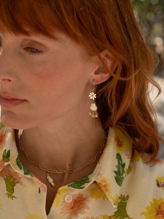 White Shell With Multicolor Beads Earrings