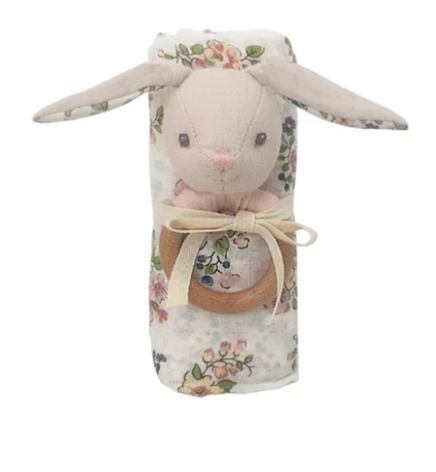 Swaddle Parisian Floral Muslin & Petit Bunny Wood Rattle Set