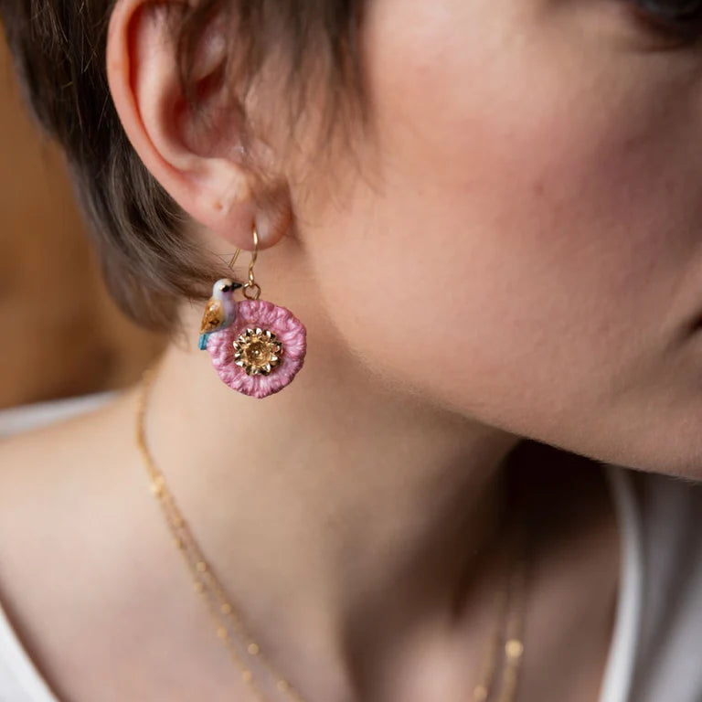 Earrings Pink | Blue Bird On Thistle Flower Pendant