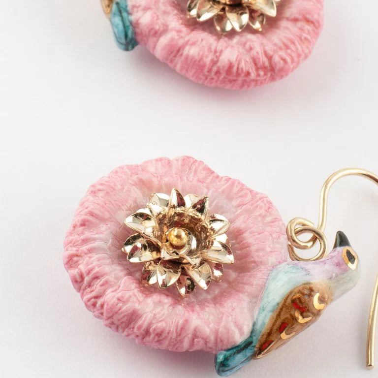 Earrings Pink | Blue Bird On Thistle Flower Pendant